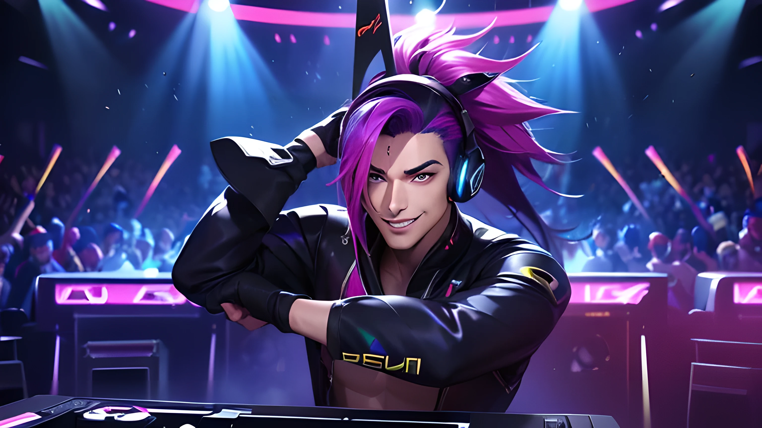 Yasuo, league of legends、super-fine、A hyper-realistic, DJ suit with black top and headphones、dj set、headphones dj rave, headphones、dj at a party、dj rave party、CGstation、(((Huge speaker in background)))、(((Dancing crowd)))、(colourful hair)、Glowing hair、(A smile)、inner colored、smokey、(the pose)