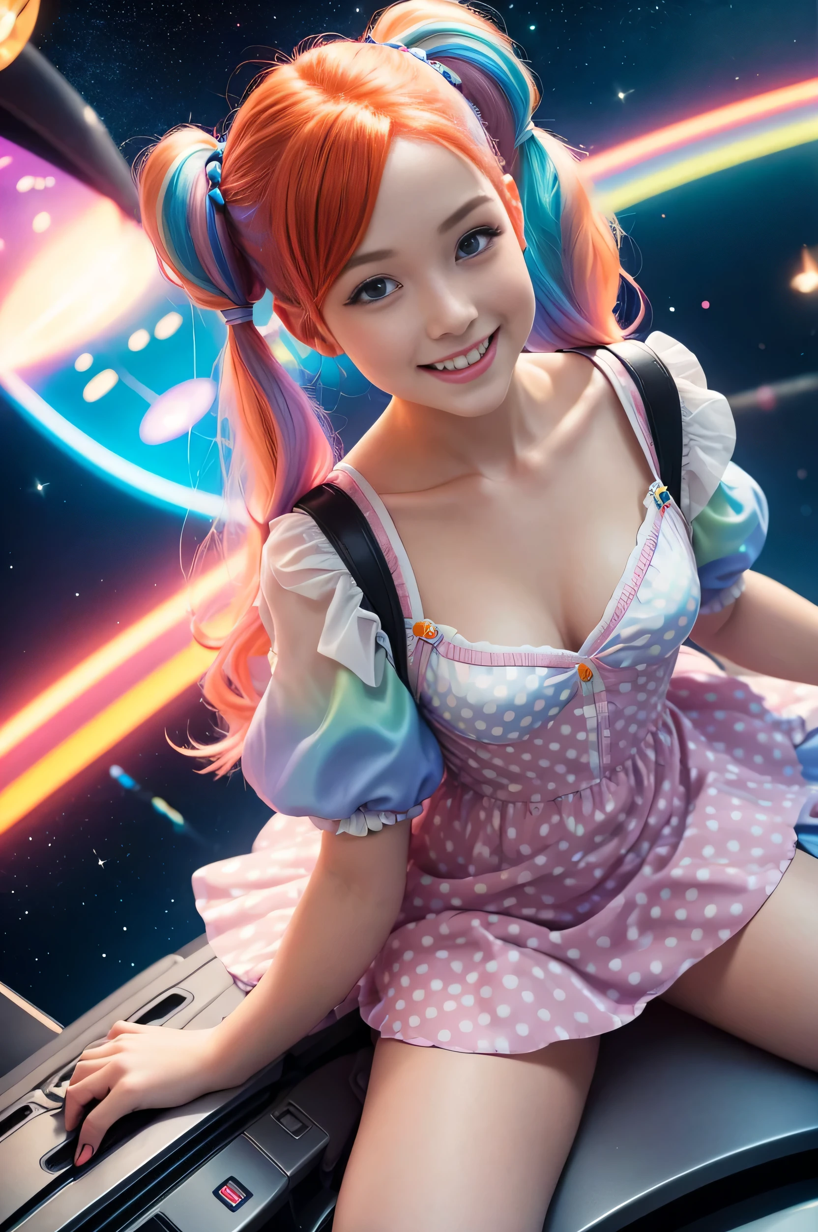 (overhead view) Cute redhead with rainbow colored hair tips, ribbons in her hair, 18-year-old woman, happy, smiling, in twin tails, perfect eyes, clear sparkling blue eyes, pale skin, silky smooth skin, flying a fancy metal luxurious space ship, futuristic cockpit, she's a pilot, outer space, stars in background, dark warm lighting, wearing a futuristic party dress, pleated (chemise) mini dress (pastel rainbow colors, and polka dots), puffy sleeves, silk, wearing full body pantyhose, cute short cut booties, boots.