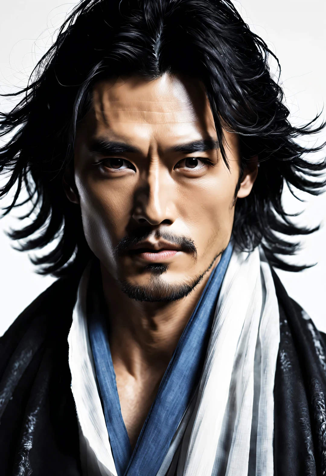 (male character design),(Half body photo black and white、close up),(忧郁的中国帅哥潘安正面close up),(very long, Messy shawl hair:1.1)(Pan An wears blue jeans, modern and fashionable:0.8),(Toned muscles),(Fresh and toned abs),(Pan An’s skin is fair and flawless)Delicious food with red lips and white teeth,The bridge of his nose is high and straight,double eyelids, bright eyes, Clear, bright, big eyes),long eyelashes,gentle melancholy,He has a tall stature、Fit in size,Exquisite facial features,sad prince,Kingly style,Noble temperament,Inspired by Gregory Peck and Chinese actor Hu Ge,black and white,Chinese ink painting,black and white插画,Surrealism,HD,