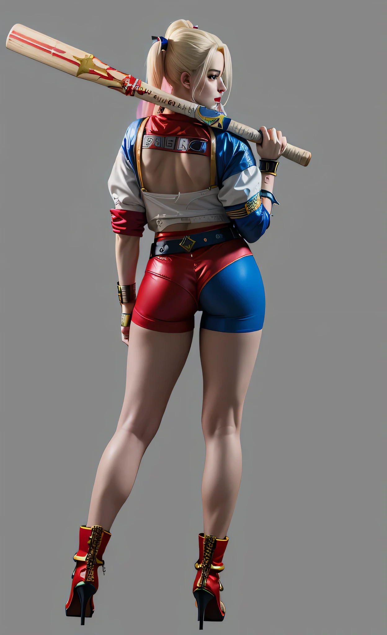 woman holding baseball bat, baseball bat on shoulder，Harley Quinn,A woman in a costume，back to the camera，Back close-up, Concept art by Juan O&#39;Gorman, CG trends, under art, 《king of warriors》number, fighting game characters, Renderings of the headquarters, As a Tekken character, us, Harley Quinn Station, Chun - Li, Chun-Li, Chun Li, Charming Jill Valentine， (best quality, 4K, 8k, high resolution, masterpiece:1.2),super detailed, (actual, realistically, realistically:1.37), concept artist style, (realistically:1.2), (endless reality), (masterpiece:1.2), (best quality), (Super detailed), (8k, 4K, complicated),, alone,
