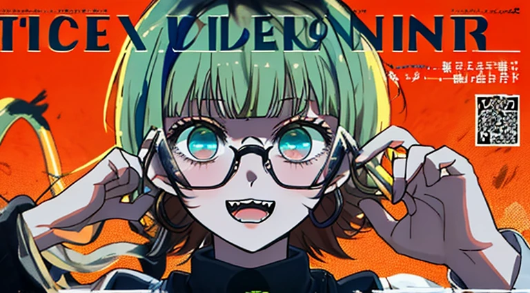 (((dramatic))), (((gritty))), (((intense)))) The movie poster features as the central character. She is shy in the center of the poster, ワンピース clothing, And the determined look on her face. The background is dark and gritty, Feeling of drunkenness. The article is bold and eye-catching, with catchy slogans that add to the overall drama and excitement. The color palette is dominated by bright colors, Dotted with dark colors, giving the poster a dynamic and visual impact, tachi-e (magazine:1.3), (cover-style:1.3), fashionable, vibrant, clothing, take a pose, front, colorful, dynamic, background, element, With confidence, expressive, holding, statement, attachment, majestic, coiled, around it, touch, scene, article, cover, bold, eye-catching, title, fashion, Font, catchy, title, bigger, eye-catching, modern, trend, concentrated, stylish, 1 girl、The hair color is a blue gradation with red towards the tips.、Wear glasses、double teeth、smile