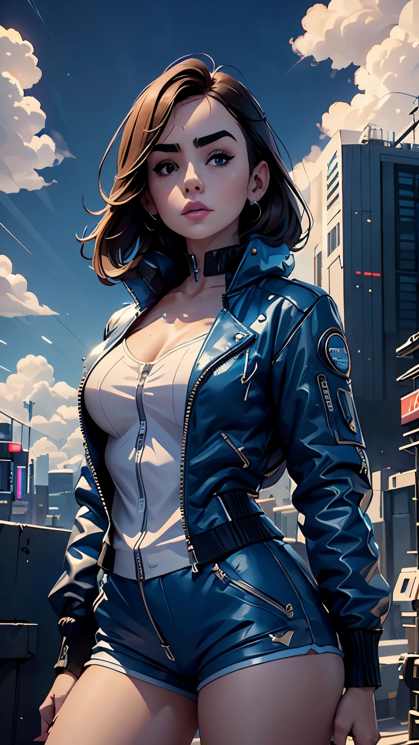 Lily Collins,Tall figure，skin，Upper body shorts，Medium shorts，buttons，zipper，Complex workmanship，icon，company logo，Emit blue light，background with，future technology，cyberpunk city，，big gear，wind，Blue sky and white clouds，