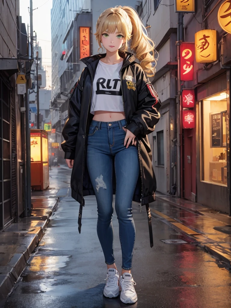 1 girl, pretty face, brown skin, green eyes, nice smirk, curly blonde hair in ponytail, bangs, skinny jeans, big hips, sneaker shoes, plaid jacket, tattoos, big gold earrings, high end render, cyberpunk alley , neons reflections, 