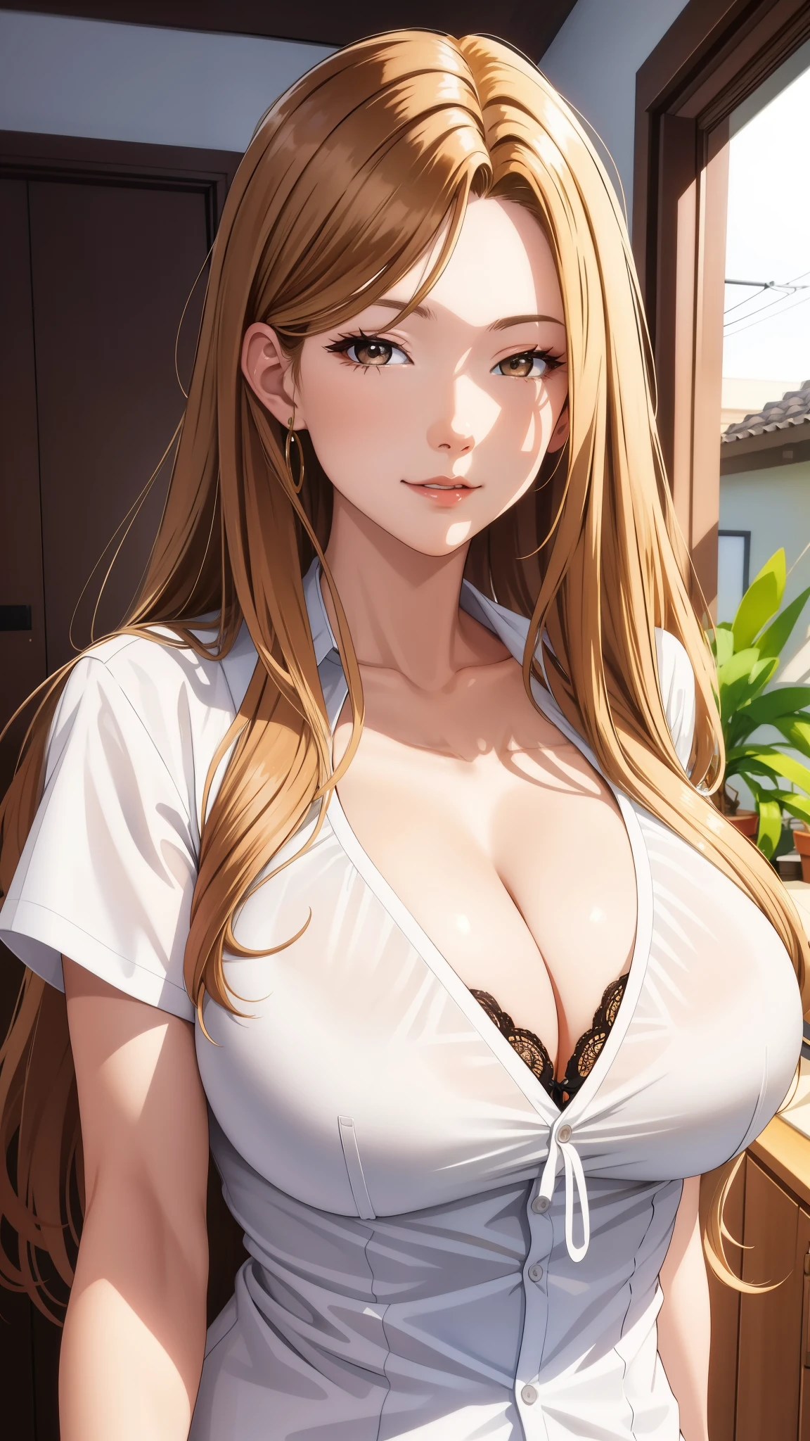 (best quality, highres), cool adult woman, long hair, swept-side bang, brown hair, (blonde hair), white shirt, cleavage, brown eyes, inside house, detailed facial features, confident pose, vibrant colors