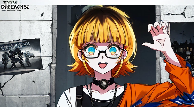 (((dramatic))), (((gritty))), (((intense)))) The movie poster features as the central character. She is shy in the center of the poster, ワンピース clothing, The hair color is a blue gradation with red towards the tips.、Wear glasses、double teeth、The smile and the determined look on her face. The background is dark and gritty, Feeling of drunkenness. The article is bold and eye-catching, with catchy slogans that add to the overall drama and excitement. The color palette is dominated by bright colors, Dotted with dark colors, giving the poster a dynamic and visual impact, tachi-e (magazine:1.3), (cover-style:1.3), fashionable, vibrant, clothing, take a pose, front, colorful, dynamic, background, element, With confidence, expressive, holding, statement, attachment, majestic, coiled, around it, touch, scene, article, cover, bold, eye-catching, title, fashion, Font, catchy, title, bigger, eye-catching, modern, trend, concentrated, stylish, 1 girl、