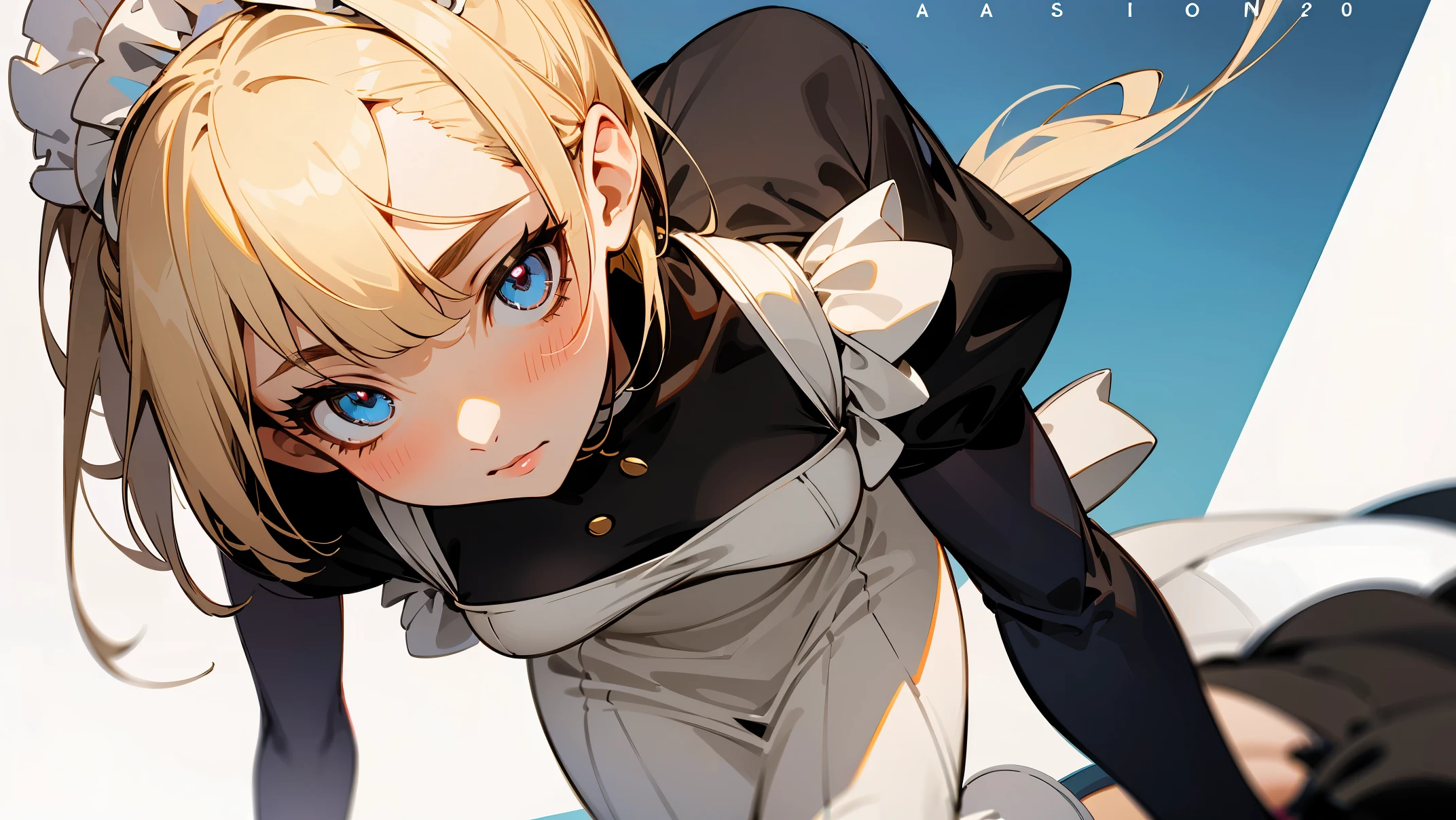 2020 Japanese anime illustration style high school girl、Detailed and realistic backgrounds with depth and texture. The girl has her blonde hair cut into a short one-length braided ponytail bob.、Wearing a classic maid outfit。. The theme is maid cafe、The image is a contrasting portrait. Image language is Japanese、Romaji notation is English. girl's eyes are real, Complex, and detailed, and her skin texture is very beautiful. The girl's figure is a cowboy shot.