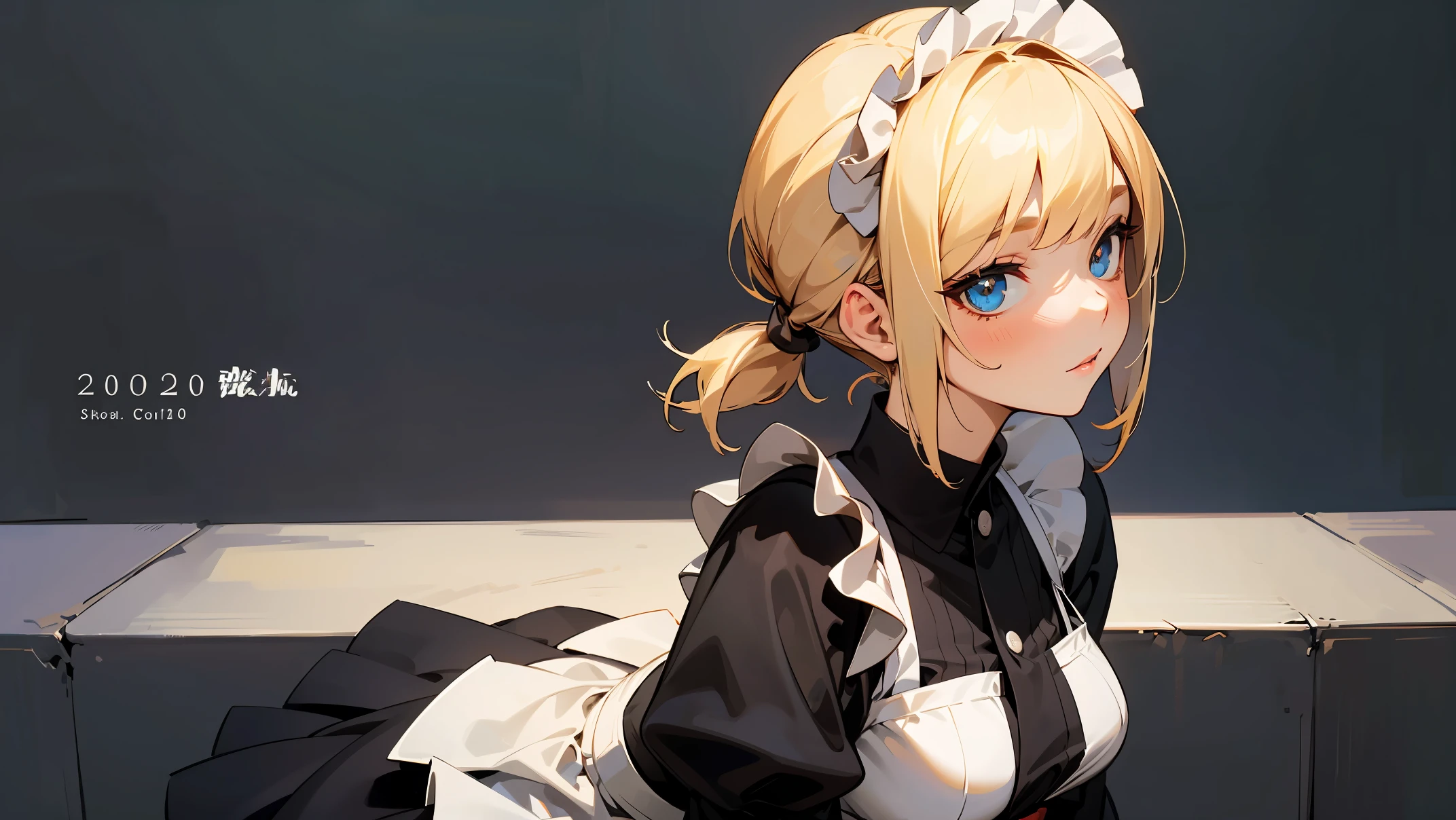 2020 Japanese anime illustration style high school girl、Detailed and realistic backgrounds with depth and texture. The girl has her blonde hair cut into a short one-length braided ponytail bob.、Wearing a classic maid outfit。. The theme is maid cafe、The image is a contrasting portrait. Image language is Japanese、Romaji notation is English. girl&#39;s eyes are real, Complex, and detailed, and her skin texture is very beautiful. The girl&#39;s figure is a cowboy shot. 