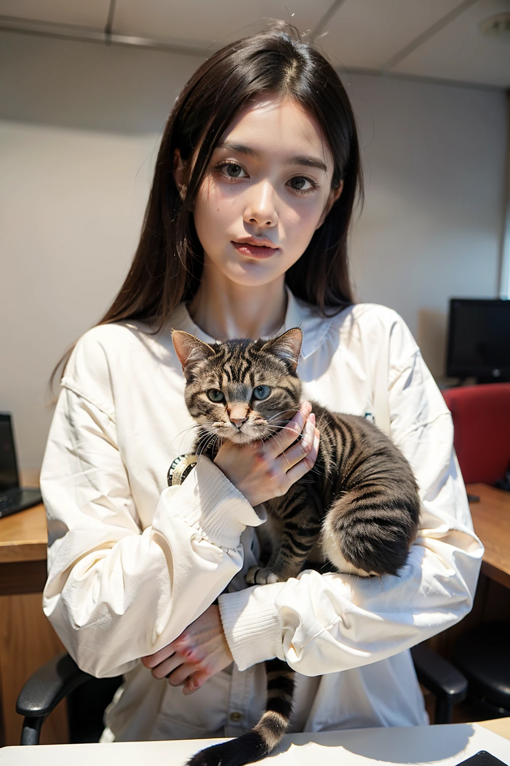 ((best quality)), ((masterpiece)), (detailed), Background in the office,Girl holding cute cat,There's a microphone in front of you,long sleeve work