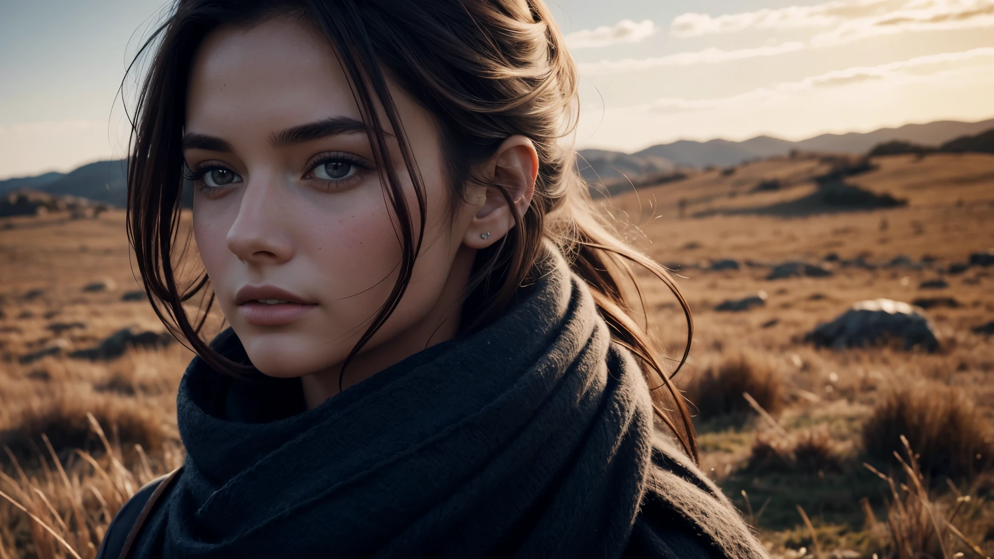 8k, best quality, masterpiece, realistic, ultra detail, photo realistic, Increase quality, a photo of a girl standing in a field with a scarf, in the style of dark and brooding designer, voluminous mass, photobash, serene faces, jagged edges, navy, natural beauty, close-up shot