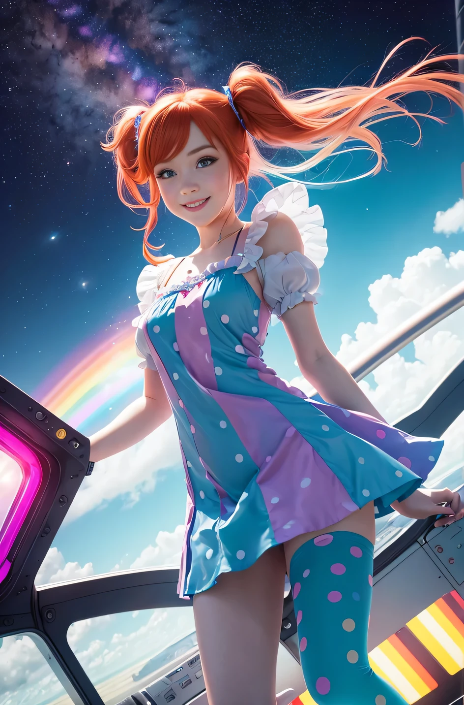 Cute redhead with rainbow colored hair tips, ribbons in her hair, 18-year-old woman, happy, smiling, in twin tails, perfect eyes, clear sparkling blue eyes, pale skin, silky smooth skin, flying a fancy metal luxurious space ship, futuristic cockpit, she's a pilot, outer space, stars in background, dark warm lighting, wearing a futuristic party dress, pleated (chemise) mini dress (pastel rainbow colors, and polka dots), puffy sleeves, silk, wearing full body pantyhose, cute short cut boots.