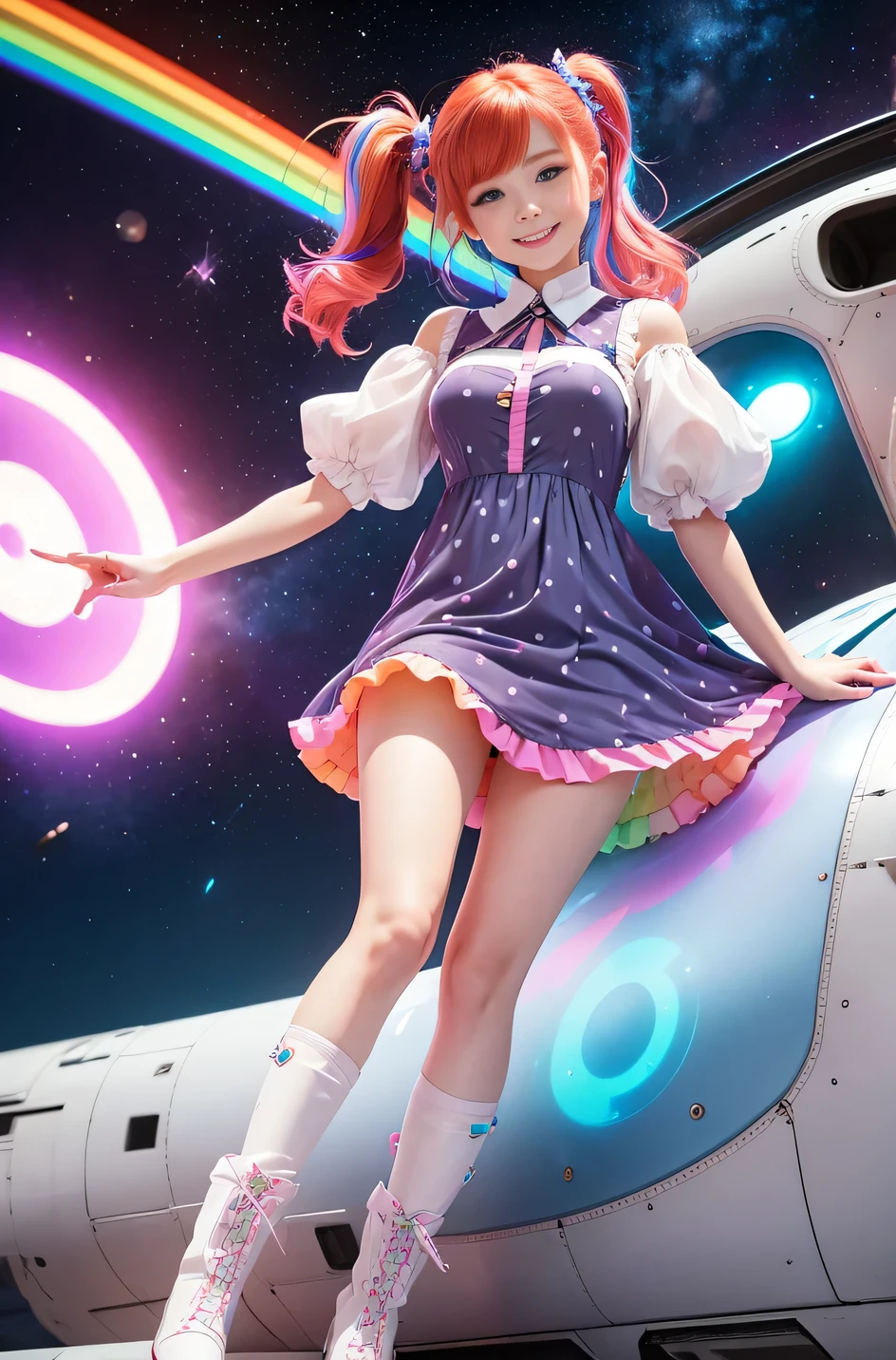 Cute redhead with rainbow colored hair tips, ribbons in her hair, 18-year-old woman, happy, smiling, in twin tails, perfect eyes, clear sparkling blue eyes, pale skin, silky smooth skin, flying a fancy metal luxurious space ship, futuristic cockpit, she's a pilot, outer space, stars in background, dark warm lighting, wearing a futuristic party dress, pleated (chemise) mini dress (pastel rainbow colors, and polka dots), puffy sleeves, silk, wearing full body pantyhose, cute short cut boots.