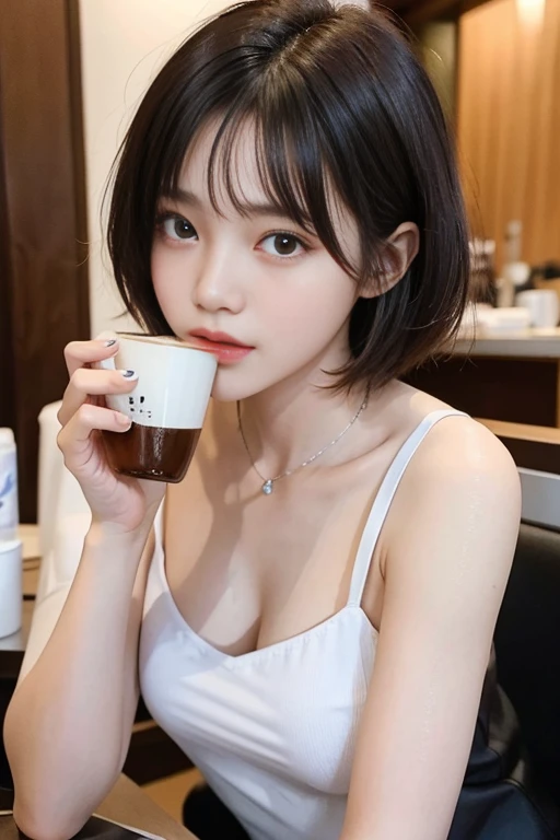 Produce the highest quality and highest resolution 8K images。Please draw the upper body of a 20 year old Japanese woman.。Please draw an image of someone relaxing while drinking tea in a stylish coffee shop.。She has brown eyes and a model-like figure、She has an idol-level cute face.。The hair is in a ponytail。she、I'm smiling at the camera。