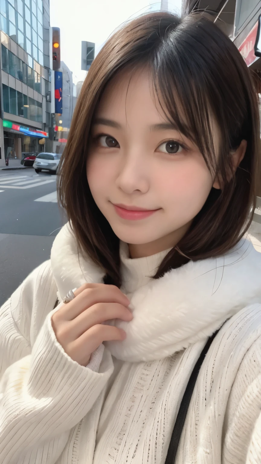  highest quality、disorganized、super detailed、finely、High resolution、8k wallpaper、perfect dynamic composition、beautiful and fine eyes、Gorgeous white fluffy Tokyo winter clothes、medium hair、big breasts、Scarf、natural color lip、bold sexy pose、smile、Cafe、Japanese、15 year old girl、cute、sexy shot looking at camera、Always blur the background、perfect and beautiful face,Take only the face、beautiful and detailed face、slim face and style