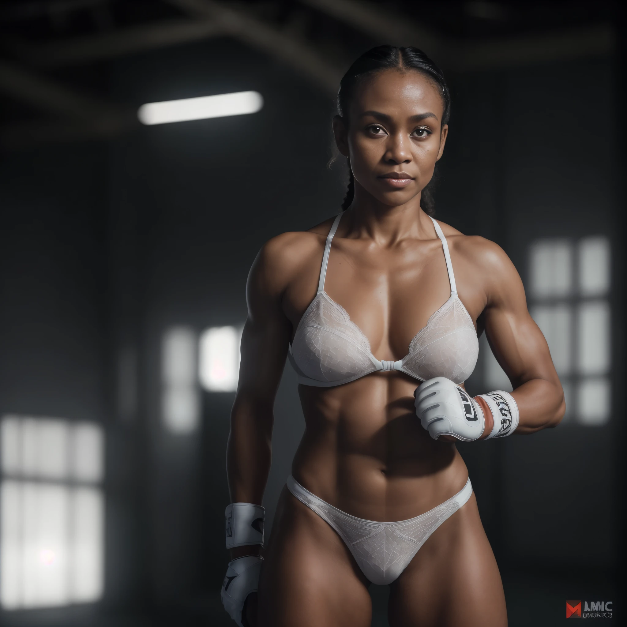 (photograph of a 42 year old Melanesian woman), (white skimpy lingerie, MMA gloves), ((perfect symmetrical face)), (muscles:1.2), (MMA pose:1.4), (background inside light, bright, private gym:1.1), (8k, uhd, dslr, high quality, cinematic lighting, bokeh), (dramatic, award winning photography, incredible masterpiece:1.3), (lusty aroused stare at camera)