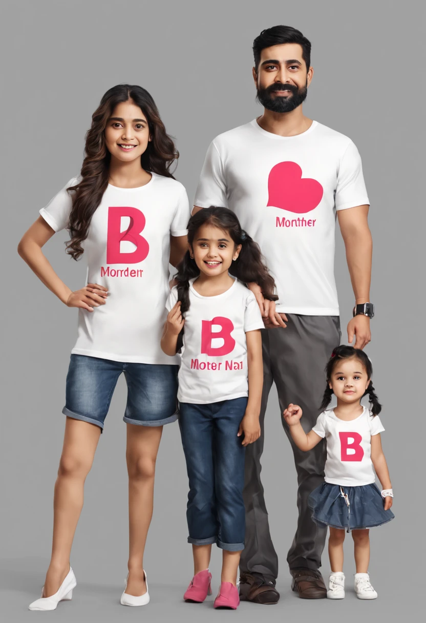 Realistic carecter father mother and two daughters morden dresses father shirt name "R" mother shirt name "B" fast daughter 5 and shirt name "Arju" and second daughter 2 years oldt name "aarvi"