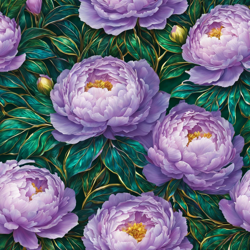 Beautiful pattern of shimmering terry lilac peonies, lots of leaves, green, emerald, gold, glow, digital painting, filigre fine detail, hyper-detailing, hyper-realism, high definition, bright and juicy, 128k