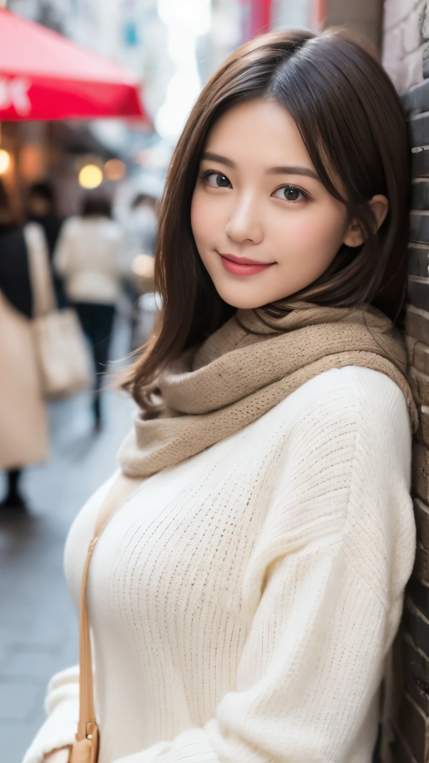 highest quality、disorganized、super detailed、finely、High resolution、8k wallpaper、perfect dynamic composition、beautiful and fine eyes、Gorgeous white fluffy Tokyo winter clothes、medium hair、big breasts、Scarf、natural color lip、bold sexy pose、smile、Cafe、Japanese、15 year old girl、cute、sexy shot looking at camera、Always blur the background、perfect and beautiful face,Take only the face、beautiful and detailed face、slim face and style