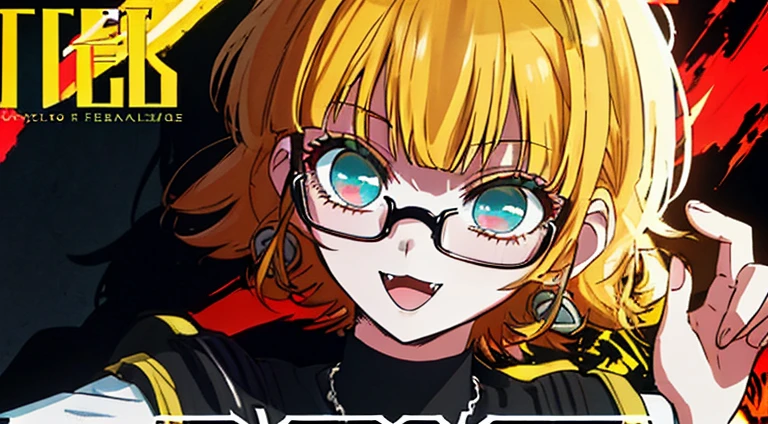 (((dramatic))), (((intense)))) The movie poster features as the central character. She is shy in the center of the poster, ワンピース clothing, Hair is blue、Wear glasses、double teeth、The smile and the determined look on her face. The background is dark and ザラザラした, Feeling of drunkenness. The article is bold and eye-catching, with catchy slogans that add to the overall drama and excitement. The color palette is dominated by bright colors, Dotted with dark colors, giving the poster a dynamic and visual impact, tachi-e (magazine:1.3), (cover-style:1.3), fashionable, vibrant, clothing, take a pose, front, colorful, dynamic, background, element, With confidence, expressive, holding, statement, attachment, majestic, coiled, around it, touch, scene, article, cover, bold, eye-catching, title, fashion, Font, catchy, title, bigger, eye-catching, modern, trend, concentrated, stylish, 1 girl、