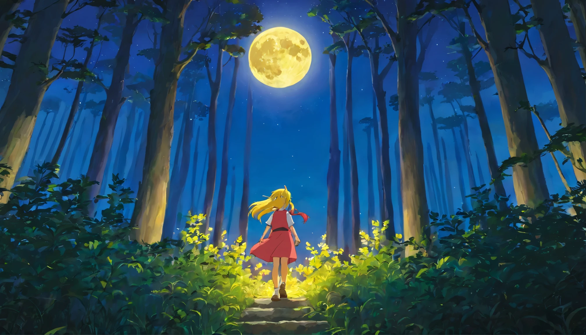 Night Forest,There was a girl with yellow hair standing in a tree and singing,There is a full moon in the sky