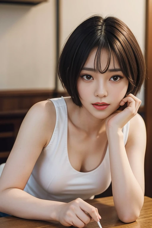 short-cut hair,Beautiful,K-pop idol,japanese idol,Japanese actress,high resolution,Beautiful skin,8k,RAW photo,best quality,masterpiece,realistic,photo-realistic,clear,professional lighting,best quality,ultra high res,Drink coffee,Date at a coffee shop