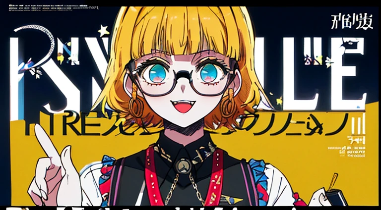 (((dramatic))), (((intense)))) The movie poster features as the central character. She is shy in the center of the poster, ワンピース clothing, Hair is blue、Wear glasses、double teeth、The smile and the determined look on her face. The background is dark and ザラザラした, Feeling of drunkenness. The article is bold and eye-catching, with catchy slogans that add to the overall drama and excitement. The color palette is dominated by bright colors, Dotted with dark colors, giving the poster a dynamic and visual impact, tachi-e (magazine:1.3), (cover-style:1.3), fashionable, vibrant, clothing, take a pose, front, colorful, dynamic, background, element, With confidence, expressive, holding, statement, attachment, majestic, coiled, around it, touch, scene, article, cover, bold, eye-catching, title, fashion, Font, catchy, title, bigger, eye-catching, modern, trend, concentrated, stylish, 1 girl、
