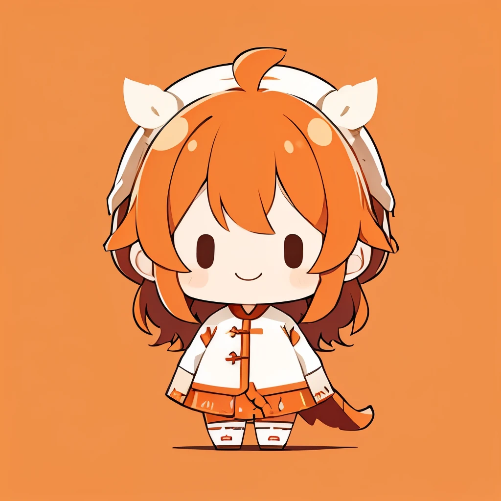flat avatar, 1 girl, Smile, light dark brown hair((medium hair、wavy hair)), hair with white tips, orange mesh hair, Horn decoration on the forehead、Fashionable Design Clothing((orange and white)),background white, Cute Girl, A little Chinese style clothes, orange tights, Dragon's tail