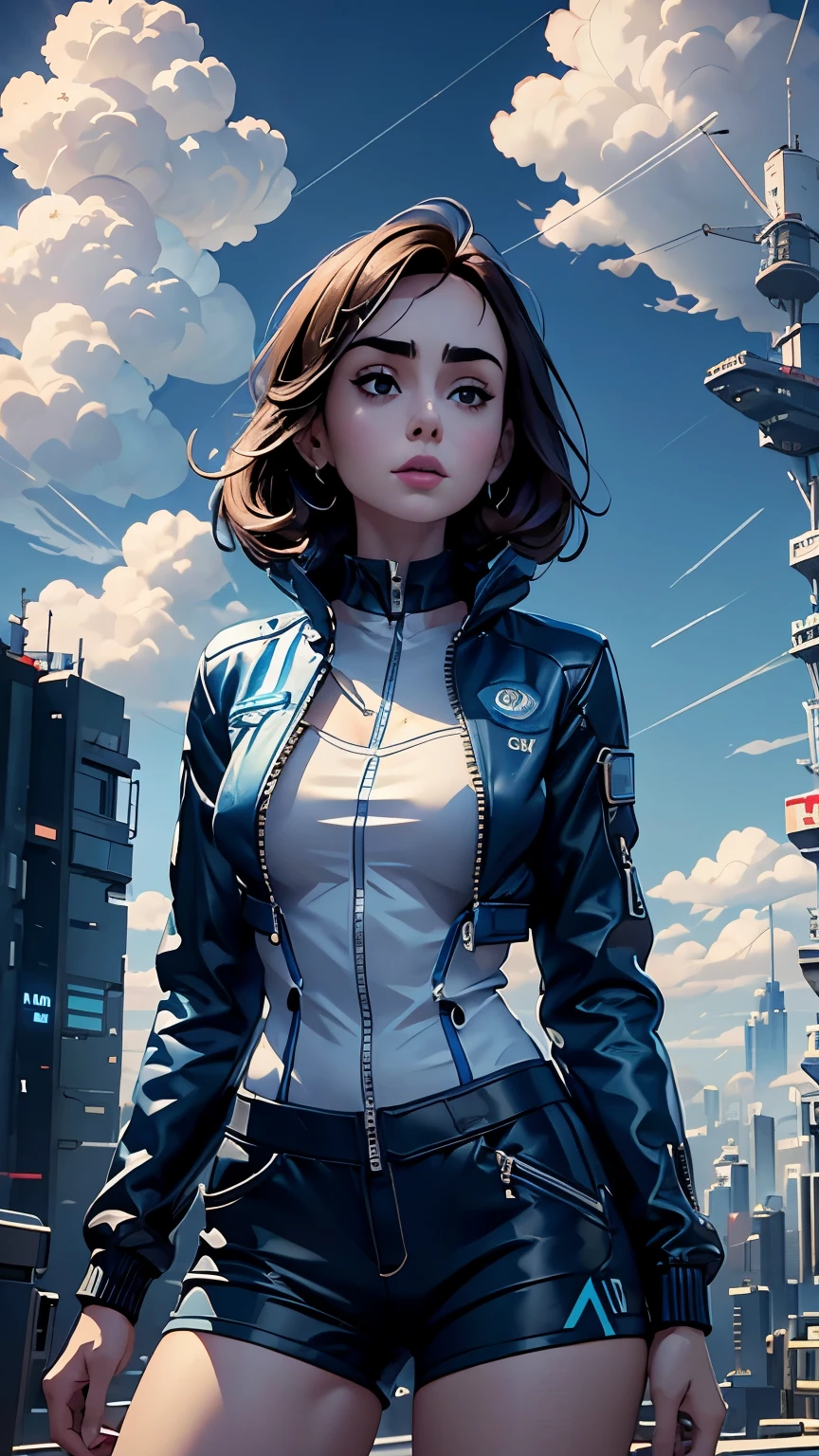 Lily Collins,Tall figure，skin，Upper body shorts，Medium shorts，buttons，zipper，Complex workmanship，icon，company logo，Emit blue light，background with，future technology，cyberpunk city，，big gear，wind，Blue sky and white clouds，