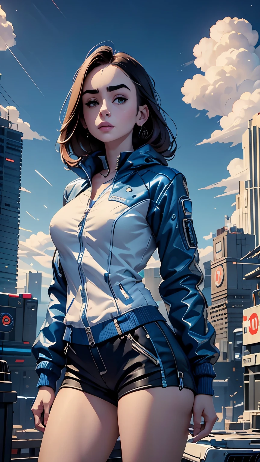 Lily Collins,Tall figure,skin,Upper body shorts,Medium shorts,buttons,zipper,Complex workmanship,icon,company logo,Emit blue light,background with,future technology,cyberpunk city,,big gear,wind,Blue sky and white clouds,