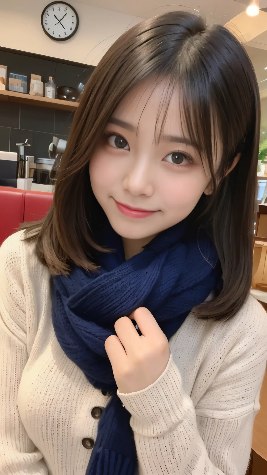 masutepiece, Best Quality, Illustration, Ultra-detailed, finely detail, hight resolution, 8K Wallpaper, Perfect dynamic composition, Beautiful detailed eyes, Trendy Women's Fashion Winterwear,Bun hair,small tits,Natural Color Lip, Randomly sexy poses,Smile,Home、20 years girl、Cute、You look at the camera,Raw photo,Kamimei,Shoot from above,Anatomically correct condition