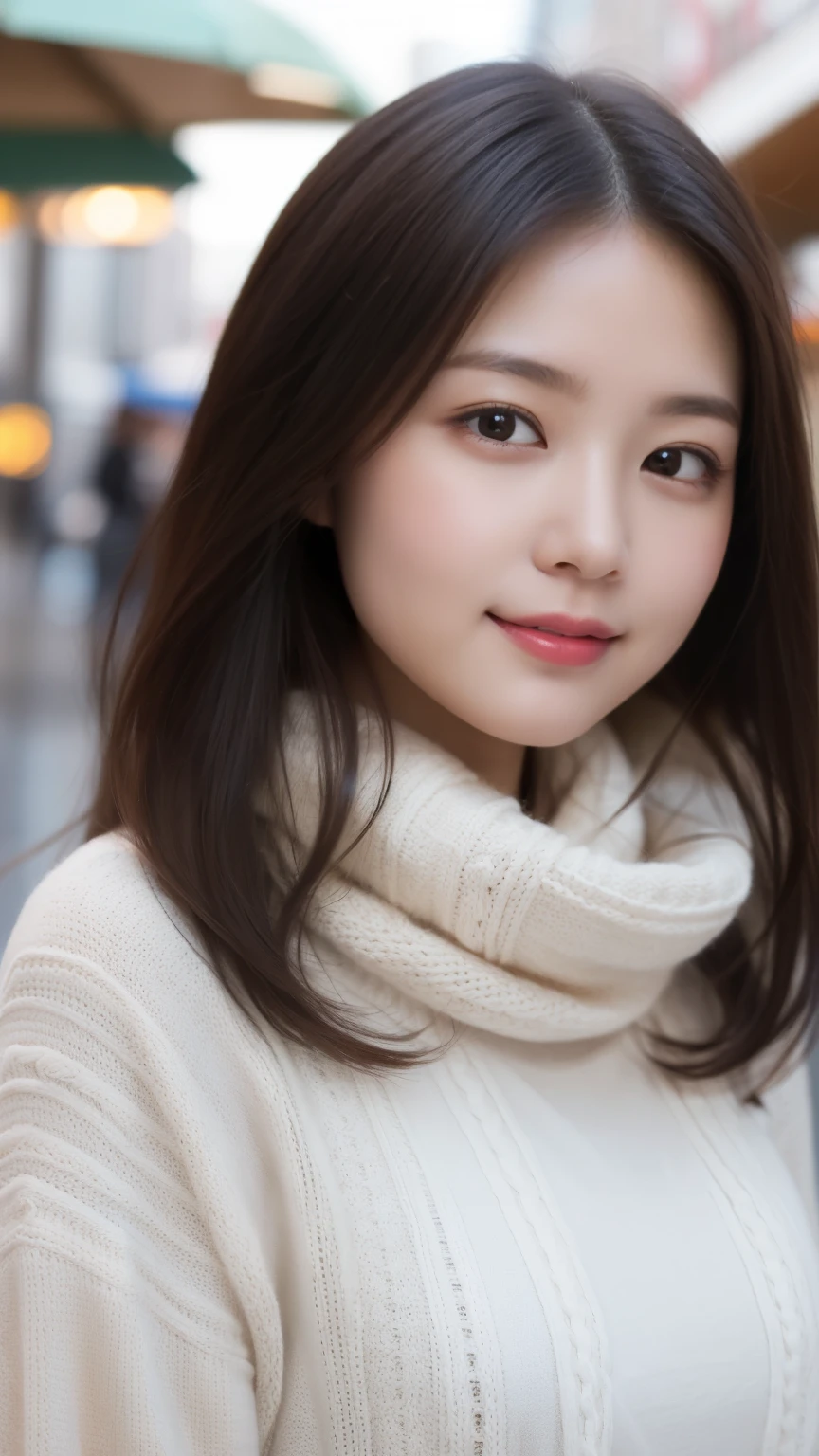 highest quality、disorganized、super detailed、finely、High resolution、8k wallpaper、perfect dynamic composition、beautiful and fine eyes、Gorgeous knit Korean winter clothes、medium hair、big breasts、Scarf、natural color lip、bold sexy pose、smile、Cafe、Japanese、15 year old girl、cute、sexy shot looking at camera、Always blur the background、perfect and beautiful face,Take only the face、beautiful and detailed face、slim face and style