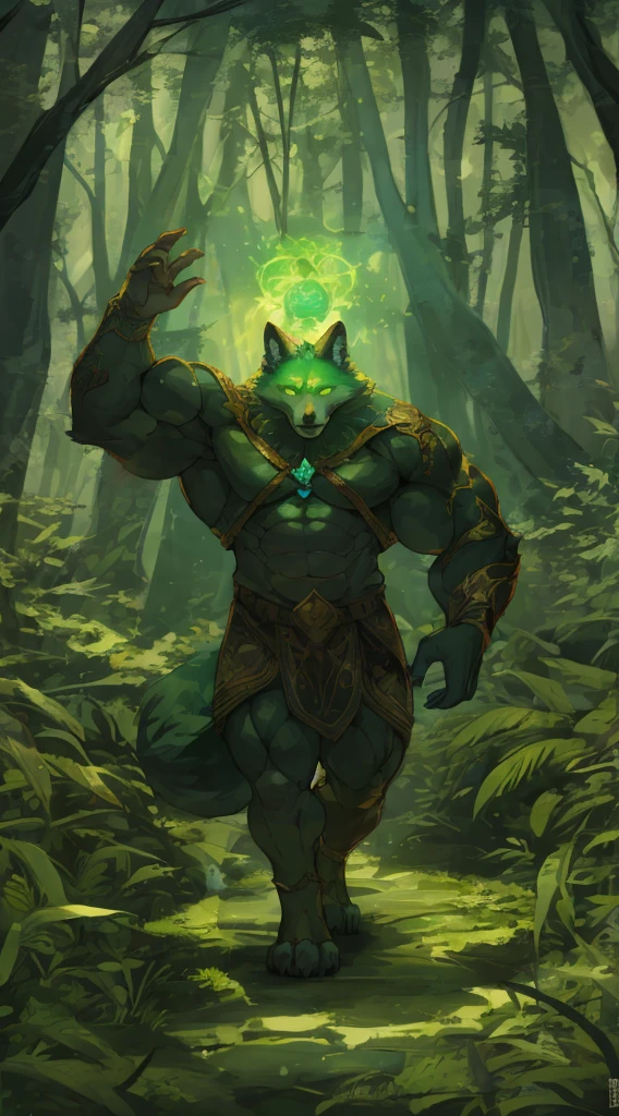 huge muscular furry fox walking in fantasy word, magic forest, glowing plants