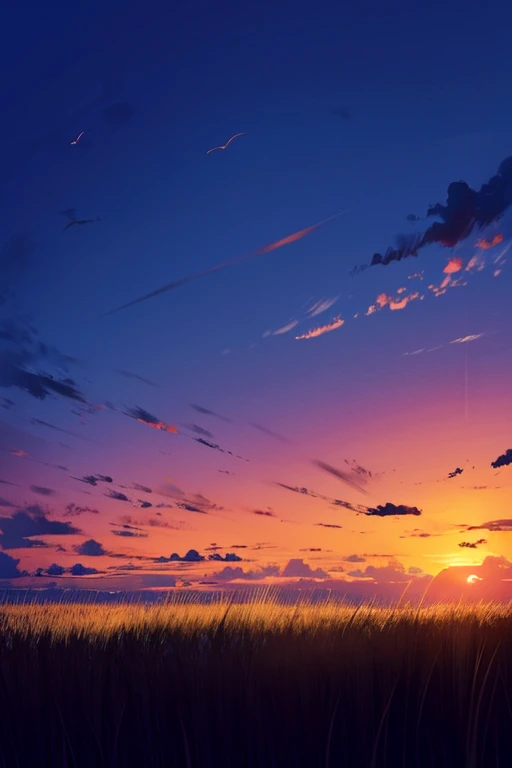 The colorful sky in the evening, the setting sun, the tall reeds drifting in the wind, and the scattered clouds flying in the distance, a group of wild geese.