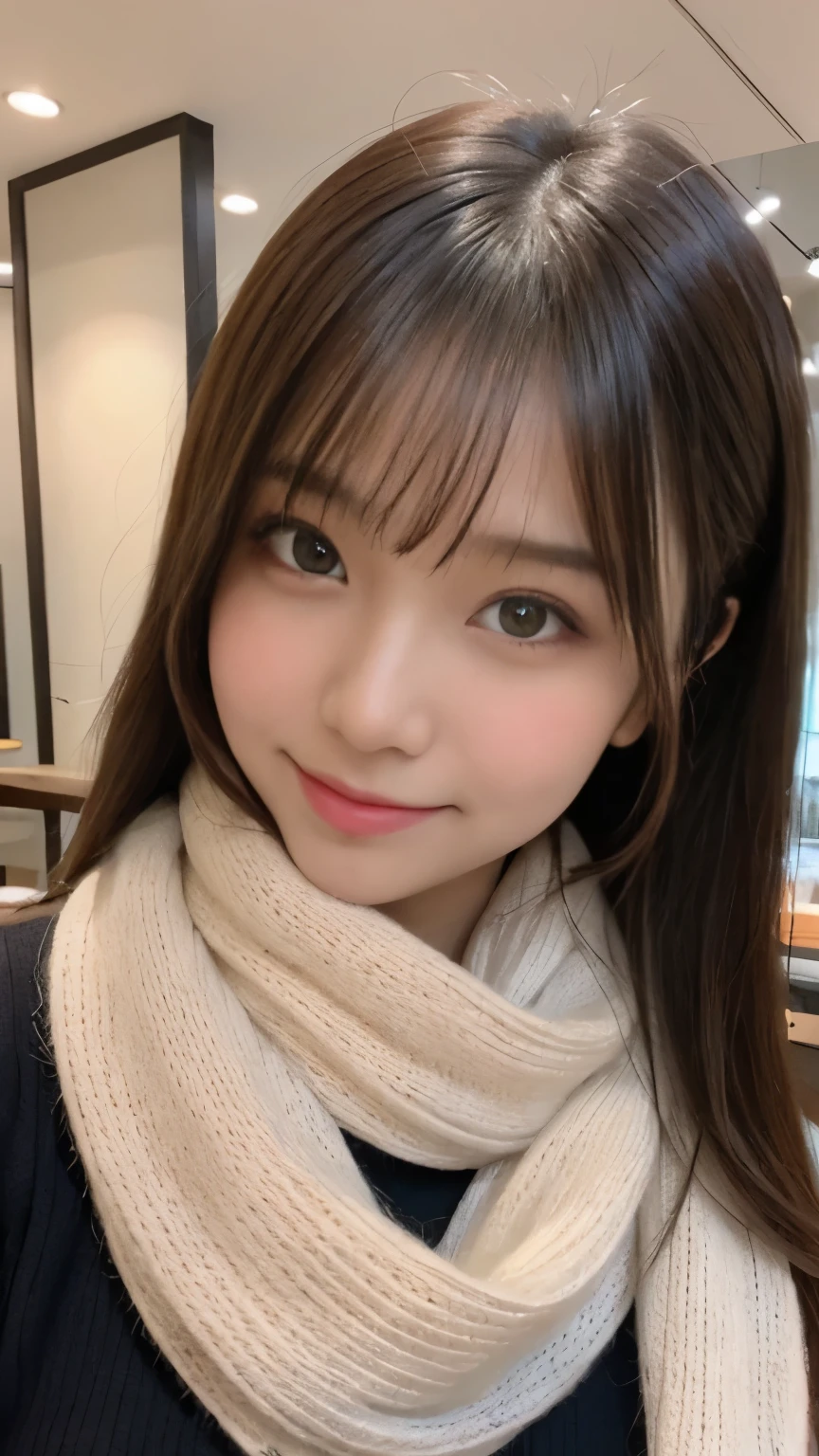 highest quality、disorganized、super detailed、finely、High resolution、8k wallpaper、perfect dynamic composition、beautiful and fine eyes、Gorgeous knit Korean winter clothes、medium hair、big breasts、Scarf、natural color lip、bold sexy pose、smile、Cafe、Japanese、15 year old girl、cute、sexy shot looking at camera、Always blur the background、perfect and beautiful face,Take only the face、beautiful and detailed face、slim face and style