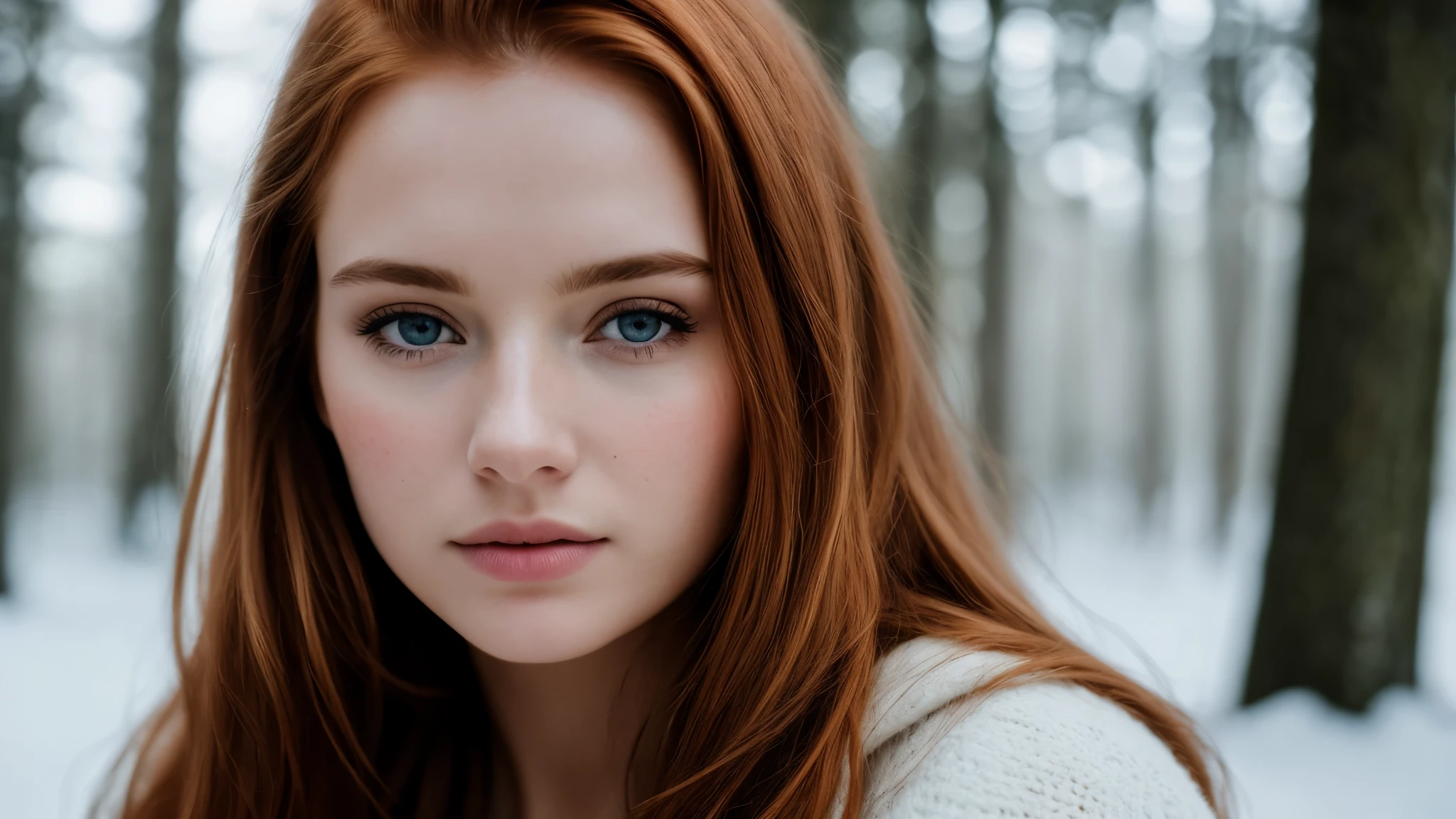 close up of a european woman, ginger hair, winter forest, natural skin texture, 24mm, 4k textures, soft cinematic light, RAW photo, photorealism, photorealistic, intricate, elegant, highly detailed, sharp focus, ((((cinematic look)))), soothing tones, insane details, intricate details, hyperdetailed, low contrast, soft cinematic light, dim colors, exposure blend, hdr, faded