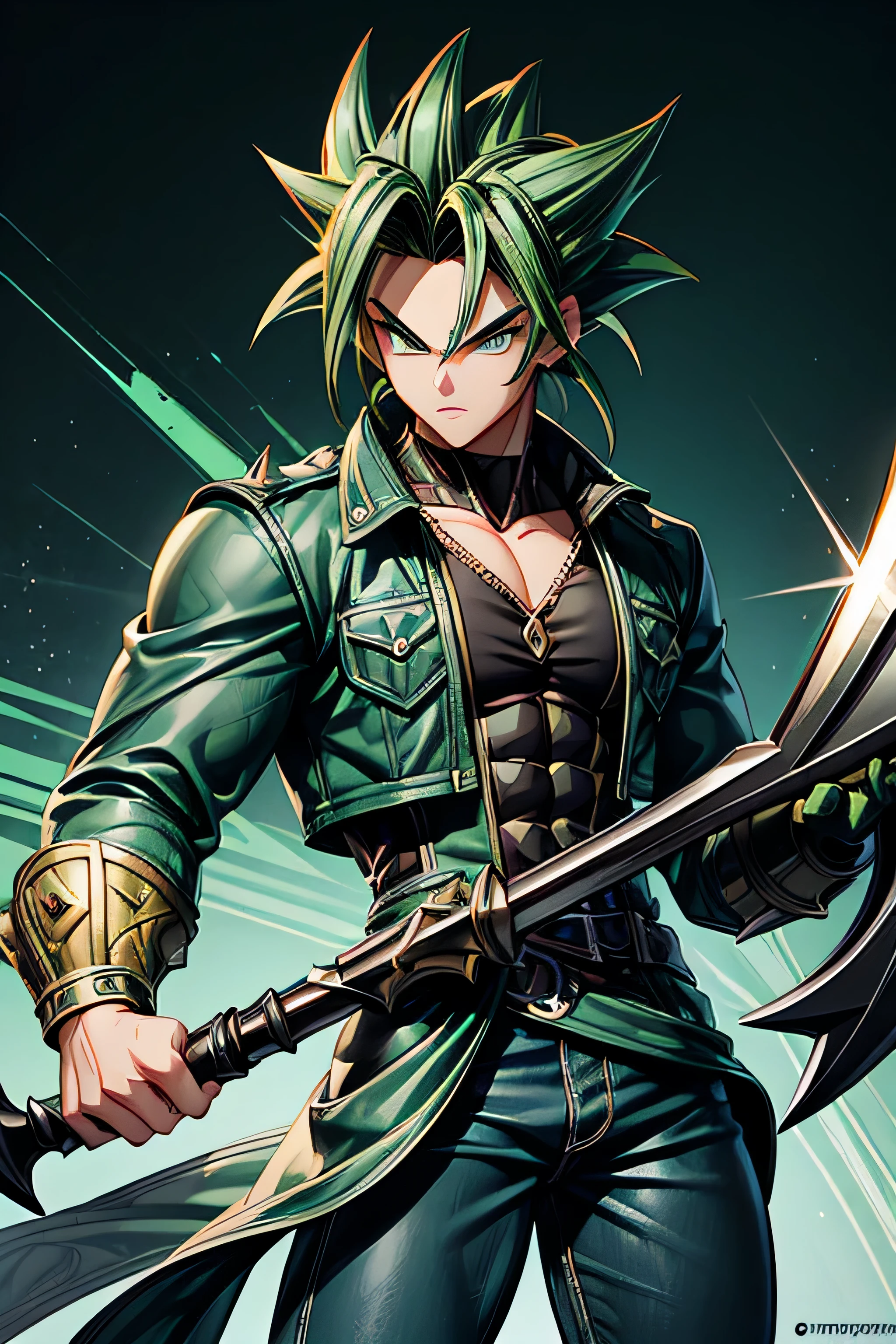 Highly detailed, (masterpiece), best quality, expressive eyes, perfect face, 1boy, spiked hair, raising hair, Super_Saiyan hair, Green hair, green eyes, extreme huge body, aesthetic body-builder body, Green leather Jacket & Jeans, Holding a Gigantic Battle Axe