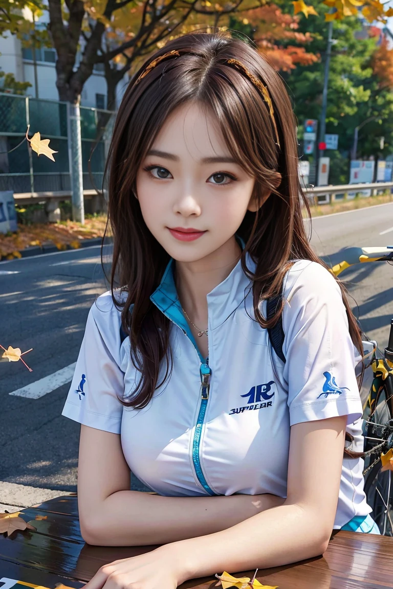 (8k, highest quality, high resolution), (photo realistic:1.4), (hyper realistic:1.4), (realistic:1.3), (smoother lighting:1.05), (1Girl), (Detailed Eyes), (Detailed face), (Sexy Road Bike Racing Uniform), Uniform with an open chest, Teenage girl riding the perfect bike, beautiful face, Medium breasts, skinny, big size ass, Translucent sexy shirt, shiny skins, perfect hands, perfect legs, (Road bike ride:1.2), Ginkgo tree with foliage, Blue sky in autumn, dynamic poses, Watch your audience, (The upper part of the body:1.2), Biking, hip close-up, (semi-long hair, dark brown hair), show cleavage:0.8