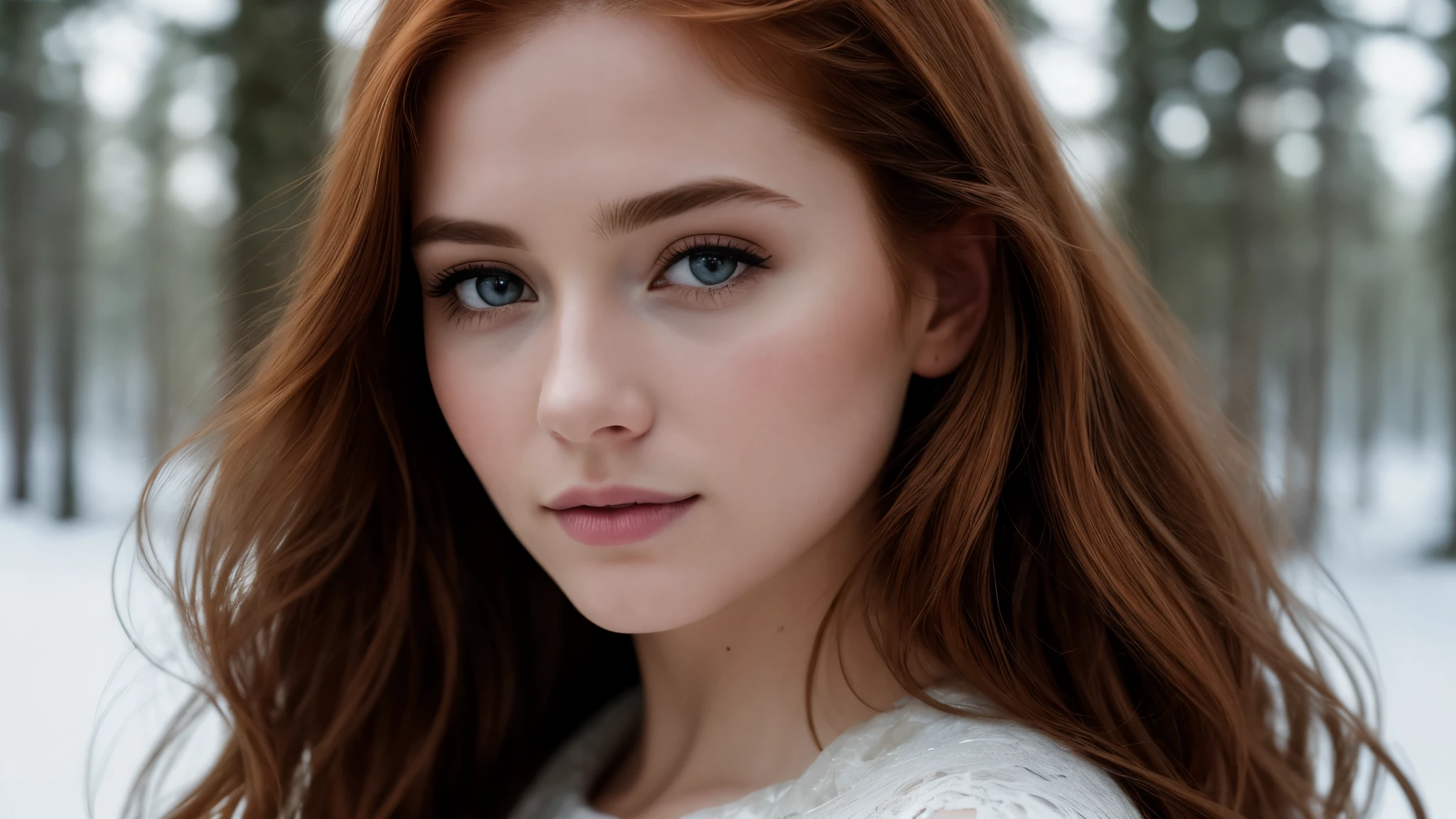 close up of a european woman, ginger hair, winter forest, natural skin texture, 24mm, 4k textures, soft cinematic light, RAW photo, photorealism, photorealistic, intricate, elegant, highly detailed, sharp focus, ((((cinematic look)))), soothing tones, insane details, intricate details, hyperdetailed, low contrast, soft cinematic light, dim colors, exposure blend, hdr, faded