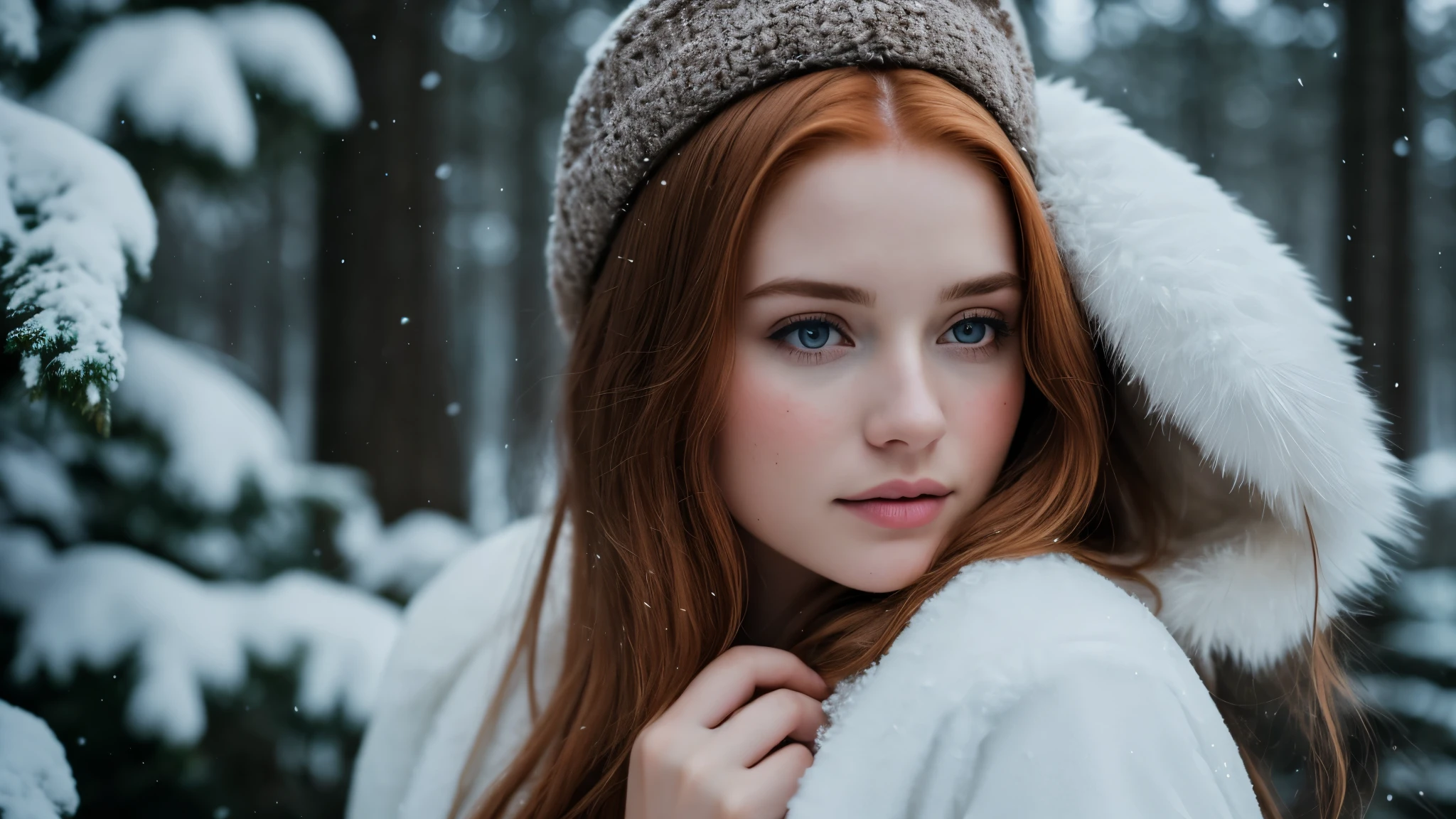 close up of a european woman, ginger hair, winter forest, natural skin texture, 24mm, 4k textures, soft cinematic light, RAW photo, photorealism, photorealistic, intricate, elegant, highly detailed, sharp focus, ((((cinematic look)))), soothing tones, insane details, intricate details, hyperdetailed, low contrast, soft cinematic light, dim colors, exposure blend, hdr, faded