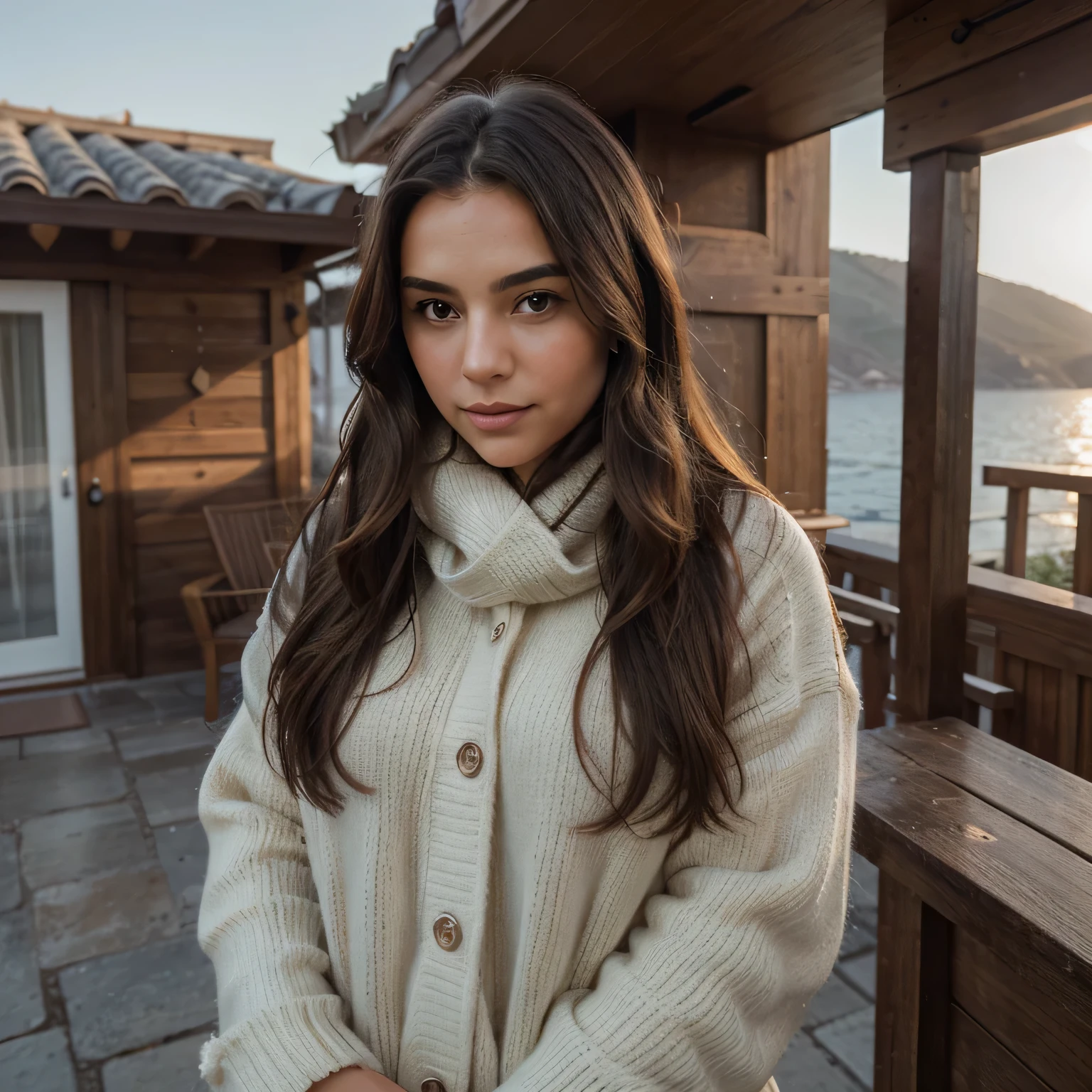 In the serene winter ambiance along the coast of Muğla, our model strikes a spontaneous pose, capturing the essence of a moment in a self-portrait. Dressed in a cozy and stylish ensemble that harmonizes with the tranquil surroundings, she embraces the cool coastal breeze. The simplicity of the setting, absent of professional staging, enhances the authenticity of the photograph.
Her chocolate-hued hair falls gracefully, framing her face in loose waves, and the winter sunlight casts a soft, natural glow on her features. The choice of a casual winter outfit, adorned with subtle shades of red, adds a touch of warmth to the scene. The lack of pretense and the genuine atmosphere invite viewers to connect with the authenticity of the captured moment.
Whether observed in standard resolution or the heightened clarity of 4K, this self-portrait conveys the simplicity and sincerity of a genuine selfie, making it a relatable and realistic portrayal of a casual and personal winter moment on the Muğla coast.