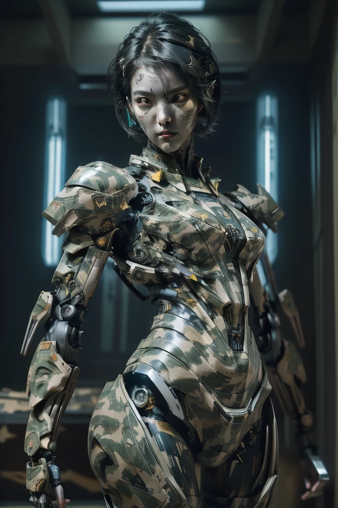 extremely detailed CG unity 32K wallpaper, top quality, masterpiece, raw photo, photorealistic, highest resolution, professional photo, dynamic, cinematic lighting, (cyberpunk:1.4), science fiction, sharp focus, depth of field, (perfect body, correct anatomy:1.5), intricately detailed face, expressive face, POV, (from front:1.3), 1 girl, Japanese woman, ((female soldier:1.3)), solo, cowboy shot, black hair, short hair, ultra-realistic skin, detailed skin, tan, (dark and bright eyes:1.4), highly detailed nose and lips, (innocent face:1.2), ((camouflaged, combat uniform:1.5)), (slender, medium breast:1.5), ((powered suit, mechanical body armor:1.4)), perfect body proportion, weaponize exoskeleton, the girl's body is highly weaponized, in combat with hostile militias, (((powered suit equipped with a large main gun:1.5))), (((1 main gun on the girl's right shoulder:1.3))), battlefield, vandalize town, noon