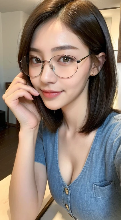 ((Best Quality, 8K, Masterpiece: 1.3)), 1girl, Slim Abs Beauty: 1.3, (Hairstyle Casual, Big Breasts: 1.2), Dress: 1.1, Super Fine Face, Delicate Eyes, Double Eyelids, Smile, Home, drinking coffee , wearing glasses