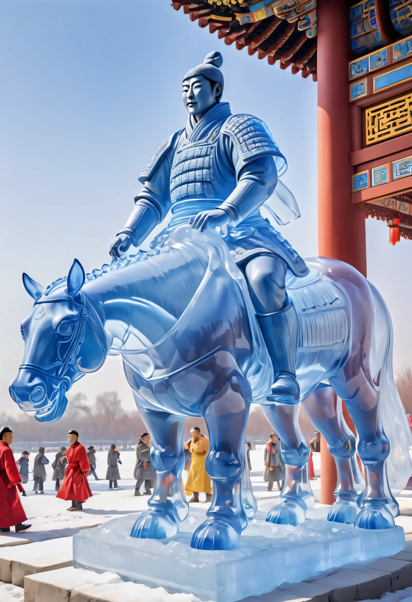Blue Knight,Red,Yellow,white,ice sculpture,Isometric composition,crystal,glass a white curtain opens up to reveal a one big ice made terracotta warriors looking at it, Temple of Heaven in Beijing, China, Sorayama base style,Carnival Core, Jessica Rosier,Mechanized precision, Concert poster,Nicoletta Seccoli,