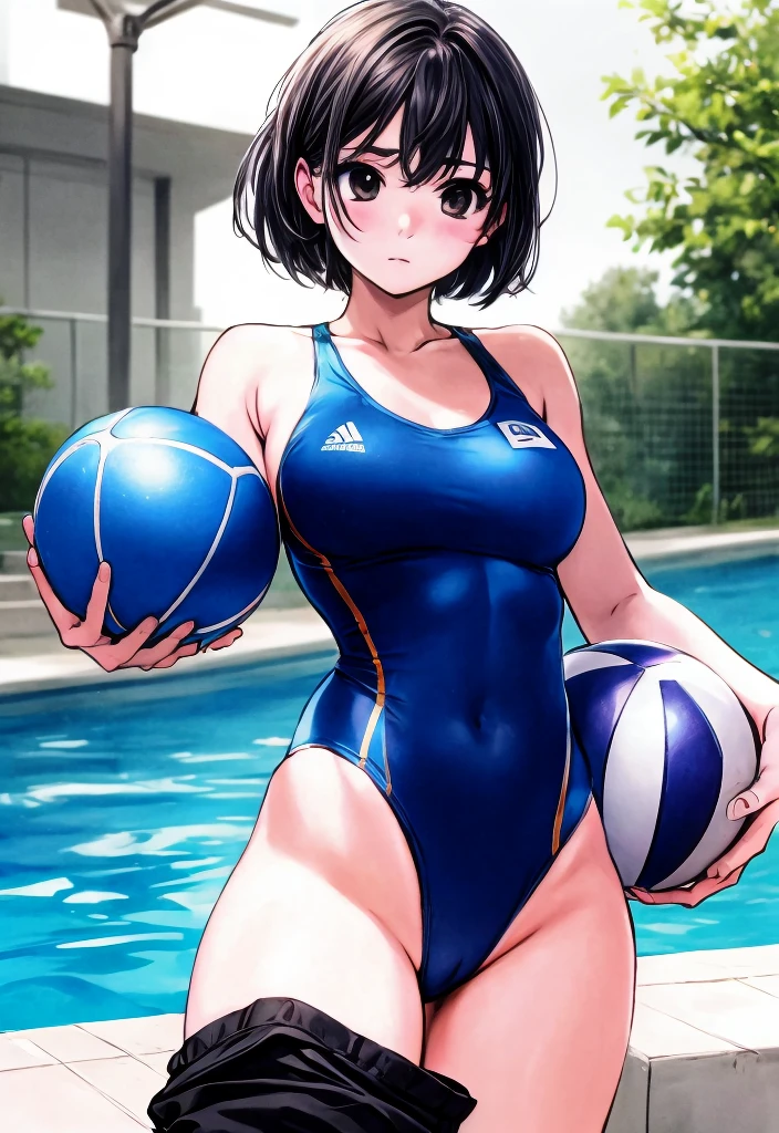 A busty boyish beauty with a short cut standing wide-eyed while wearing a blue swimsuit and holding a water polo ball by the pool at school。I am embarrassed and dumbfounded after being photographed by a man.。