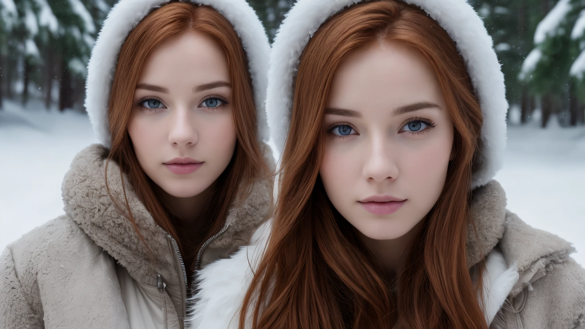 close up of a european woman, ginger hair, winter forest, natural skin texture, 24mm, 4k textures, soft cinematic light, RAW photo, photorealism, photorealistic, intricate, elegant, highly detailed, sharp focus, ((((cinematic look)))), soothing tones, insane details, intricate details, hyperdetailed, low contrast, soft cinematic light, dim colors, exposure blend, hdr, faded