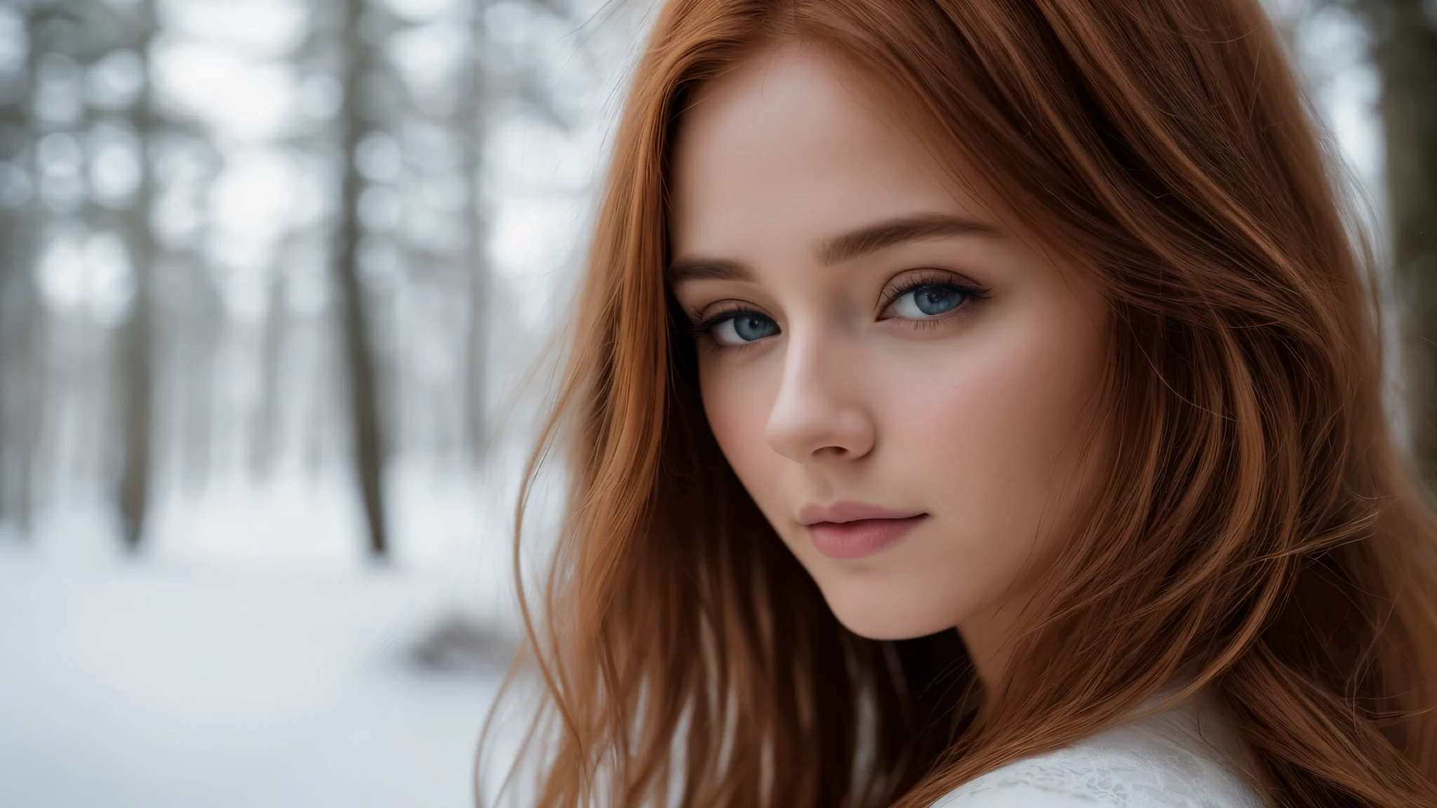 close up of a european woman, ginger hair, winter forest, natural skin texture, 24mm, 4k textures, soft cinematic light, RAW photo, photorealism, photorealistic, intricate, elegant, highly detailed, sharp focus, ((((cinematic look)))), soothing tones, insane details, intricate details, hyperdetailed, low contrast, soft cinematic light, dim colors, exposure blend, hdr, faded