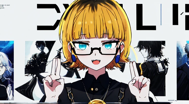 (((dramatic))), (((intense)))) The movie poster features as the central character. She is shy in the center of the poster, ワンピース clothing, Hair is blue、Wear glasses、double teeth、The smile and the determined look on her face. The background is dark and ザラザラした, Feeling of drunkenness. The article is bold and eye-catching, with catchy slogans that add to the overall drama and excitement. The color palette is dominated by bright colors, Dotted with dark colors, giving the poster a dynamic and visual impact, tachi-e (magazine:1.3), (cover-style:1.3), fashionable, vibrant, clothing, take a pose, front, colorful, dynamic, background, element, With confidence, expressive, holding, statement, attachment, majestic, coiled, around it, touch, scene, article, cover, bold, eye-catching, title, fashion, Font, catchy, title, bigger, eye-catching, modern, trend, concentrated, stylish, 1 girl、
