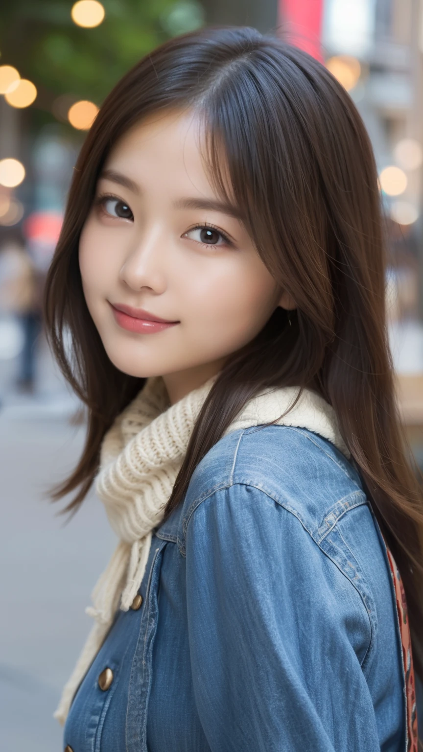  highest quality、disorganized、super detailed、finely、High resolution、8k wallpaper、perfect dynamic composition、beautiful and fine eyes、Gorgeous knit Korean winter clothes、medium hair、big breasts、Scarf、natural color lip、bold sexy pose、smile、Cafe、Japanese、15 year old girl、cute、sexy shot looking at camera、Always blur the background、perfect and beautiful face,Take only the face、beautiful and detailed face、slim face and style
