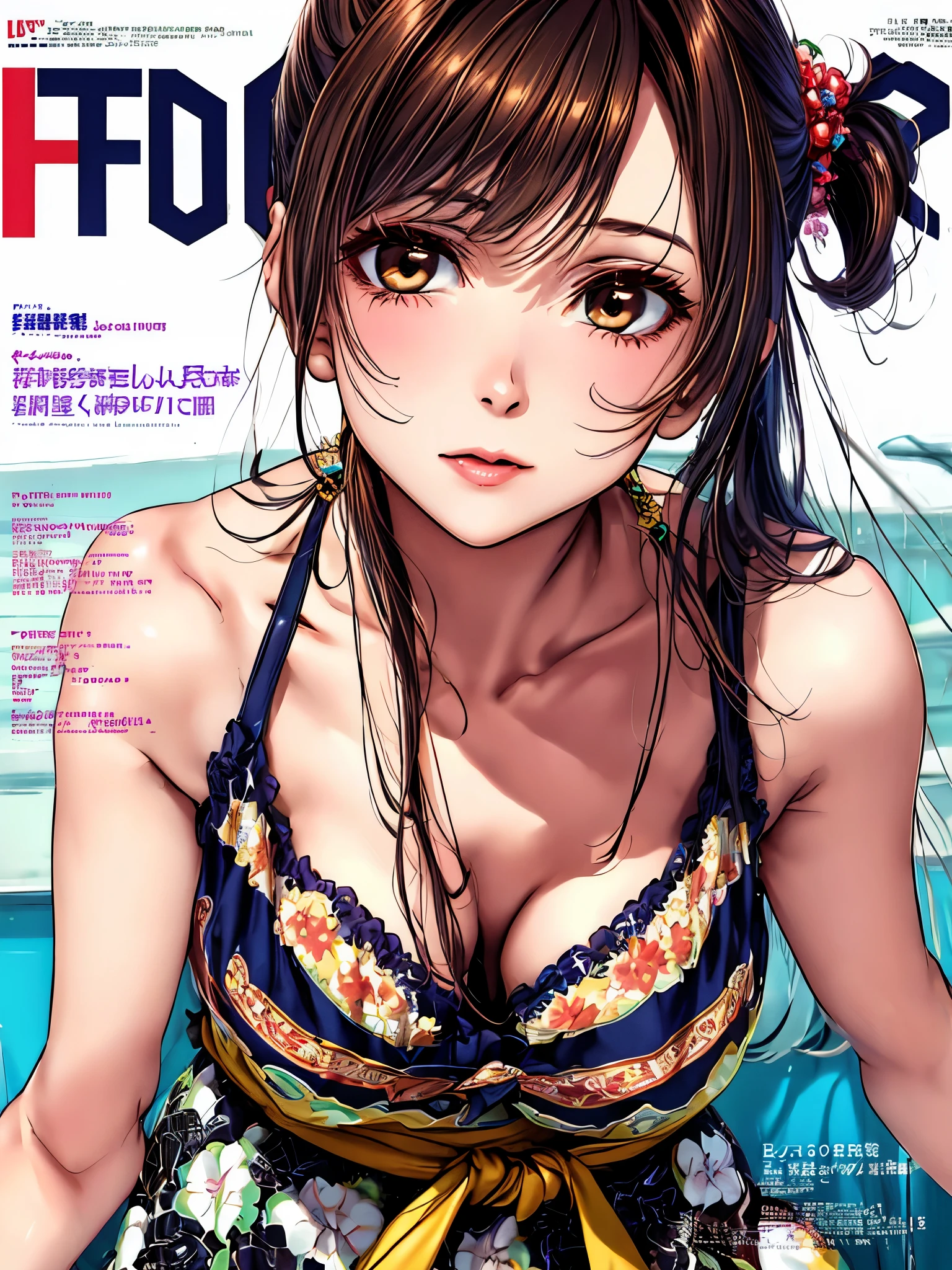(top-quality、tmasterpiece、Very high resolution、super high image quality、High-quality pixels)、perfect eyes, perfect face, solo，8K, F cup breast，(Detailed description of hair), (Detailed description of face),(Detailed description of body), fair and clear skin, matchless beauty, long legged, facing the audience, professional photographic lighting，detailed brown eyeballs, dark brown hair，girlfriend style，gentle expression，cowboy shot，tiny ponytail，Magazine cover，summer fashion clothes，Magazine title，waist-length hair