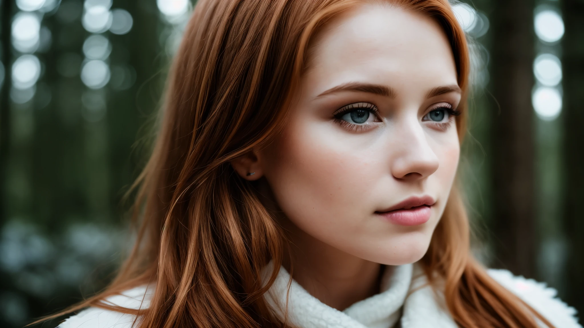 close up of a european woman, ginger hair, winter forest, natural skin texture, 24mm, 4k textures, soft cinematic light, RAW photo, photorealism, photorealistic, intricate, elegant, highly detailed, sharp focus, ((((cinematic look)))), soothing tones, insane details, intricate details, hyperdetailed, low contrast, soft cinematic light, dim colors, exposure blend, hdr, faded