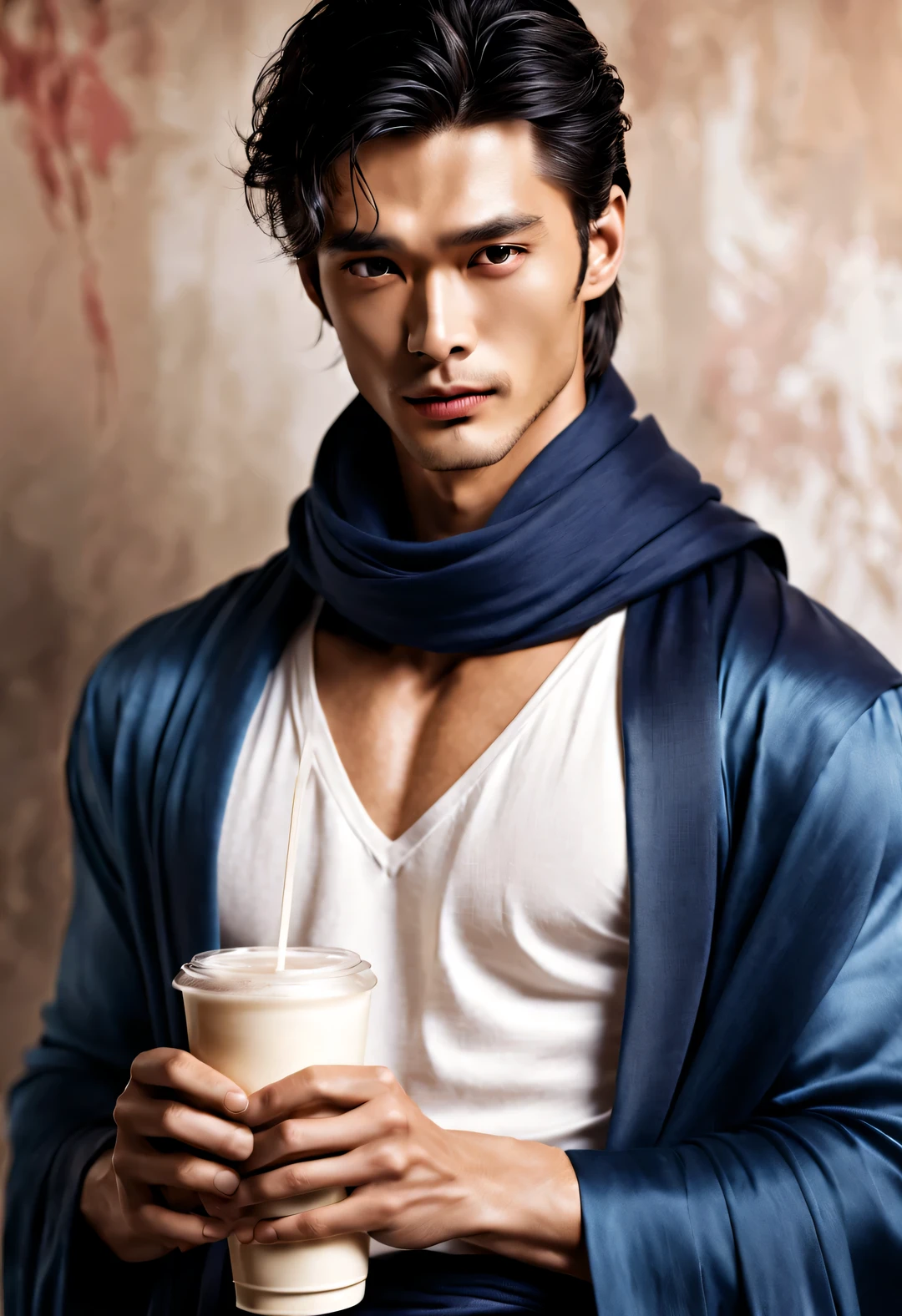（male character design），（Half-length close-up），（Melancholy and handsome Chinese man Pan An holds milk tea），（very long, Messy shawl hair：1.1）（Pan An wears blue jeans, modern and fashionable：0.8），（Toned muscles），（Fresh and toned abs），（Pan An’s skin is fair and flawless）Delicious food with red lips and white teeth，The bridge of his nose is high and straight，double eyelids, bright eyes, Clear, bright, big eyes），long eyelashes，gentle melancholy，He has a tall stature、Fit in size，Exquisite facial features，sad prince，Kingly style，Noble temperament，Inspired by actress Audrey Hepburn